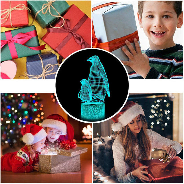 3D LED-lampe med pingvinmotiv for barn