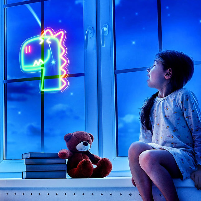 Grønt neonskilt med T-Rex dinosaurhode