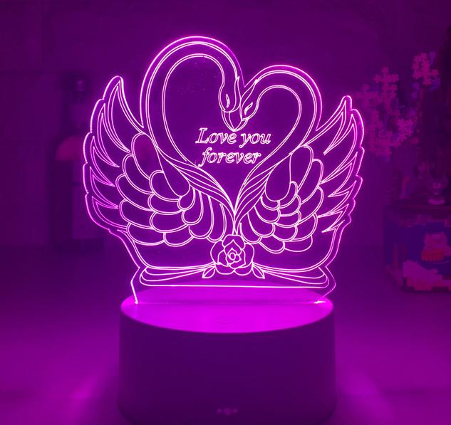 3D LED-lampe med svaner og hjerte