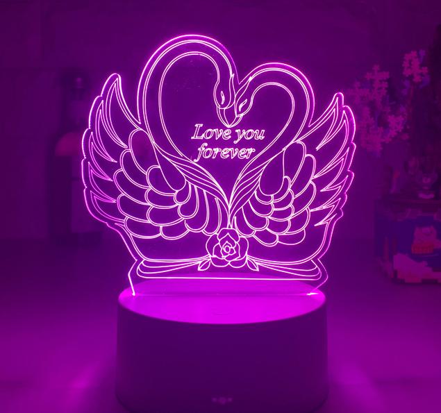 3D LED-lampe med svaner og hjerte